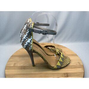 Chinese Laundry Heel 6.5 La Paz Natural Multi Print Ankle Strap Basketweave Heel